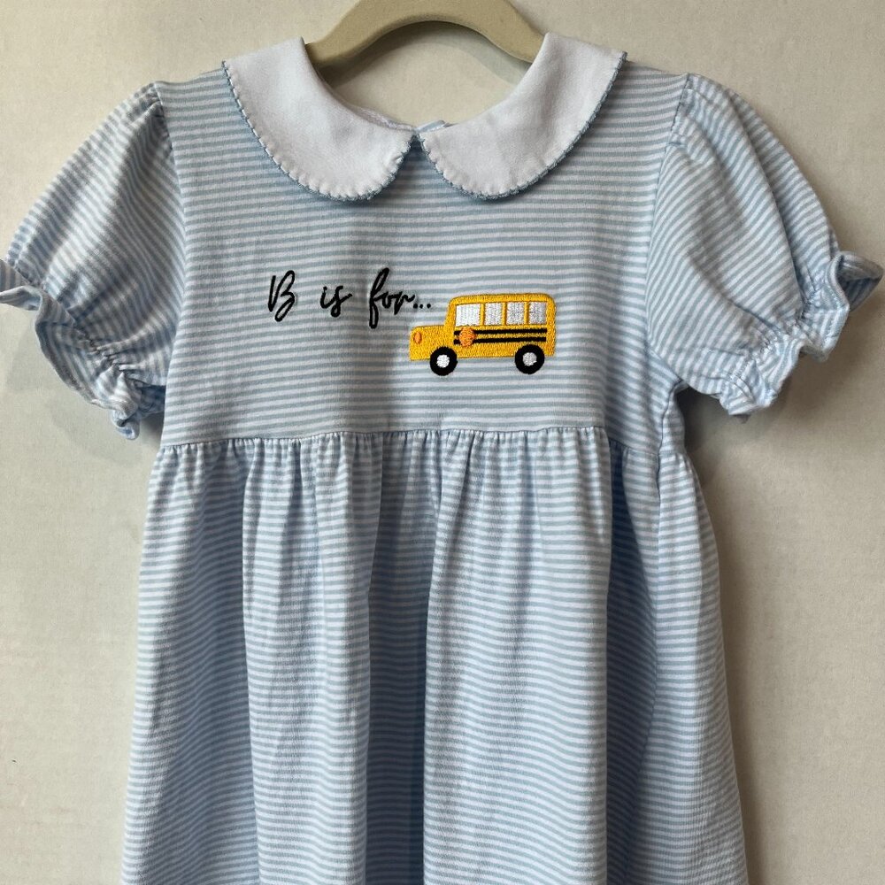Girl - 4T - Cypress Row Blue Striped B is for Bus Dress
